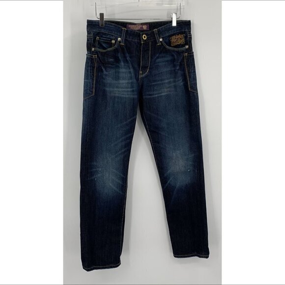 Christian Audigier embellished jeans embroidery skull stud crown blue Y2K men 32 - Picture 2 of 14